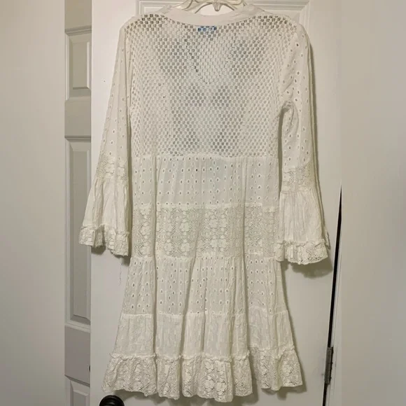 White XS blue island Crochet Tiered Eyelet Lace Embroidery Dress Cover Up Resort - Picture 10 of 13